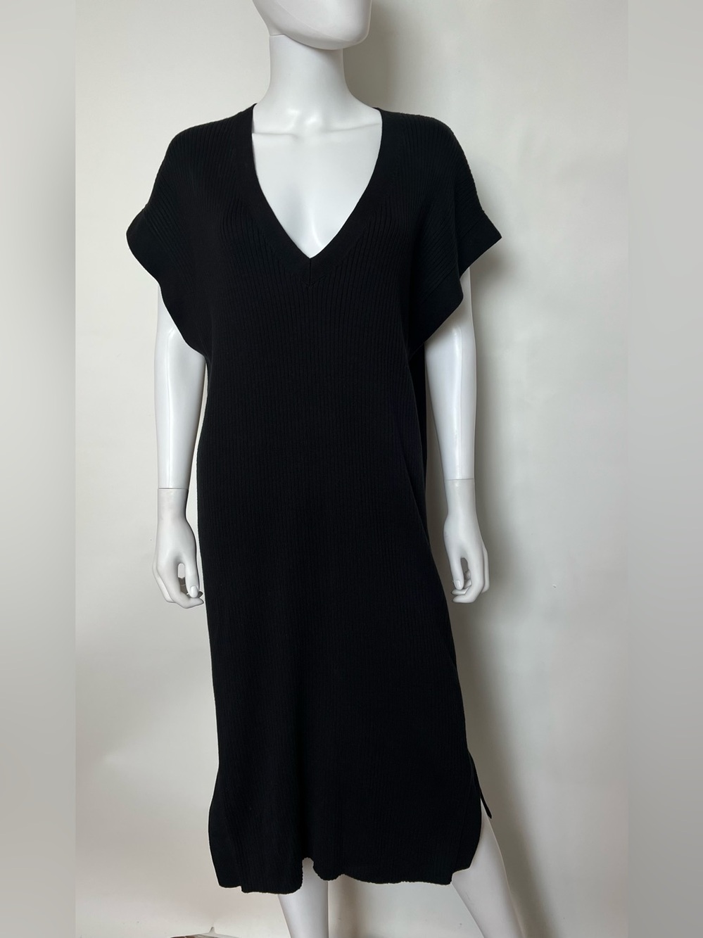 Billy Reid Black Ribbed Cotton Sweater Dress V-Neck Midi Large